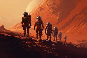 Astronauts in the desert. 3d illustration. Science fiction, A group of astronauts walking on Mars to explore, AI Generated - obrazy, fototapety, plakaty