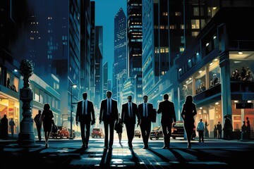 Business People Walking Commuter Cityscape Urban Concept. 3D Rendering, A group of businesspeople walking down a city street at night, AI Generated - obrazy, fototapety, plakaty