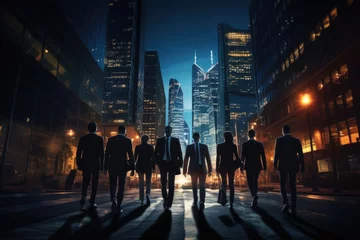 Foto op Aluminium Silhouettes of business people walking in the city at night, A group of businesspeople walking down a city street at night, AI Generated © Iftikhar alam