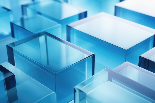 Abstract blue background with glass cubes. 3d rendering toned image, Architecture and construction glass material background, AI Generated