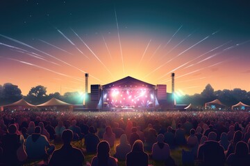 Concert stage with people silhouettes and rays of light at night, audience at an outdoor concert at...