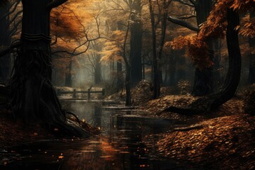 Fantasy landscape with river in the autumn forest. 3D rendering, autumn in the park, AI Generated