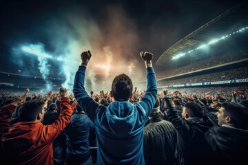 Crowd cheering at a soccer or football stadium during a match, Rear view of cheering football fans...