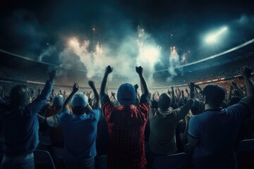 Cheering crowd at a live music concert in front of the stage, Rear view of cheering football fans in stadium, AI Generated - obrazy, fototapety, plakaty