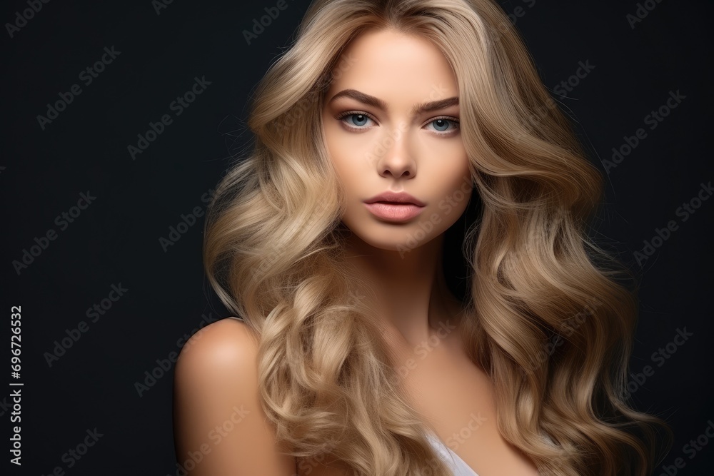 Sticker portrait of beautiful young woman with long wavy blond hair, picture of beautiful blonde woman fashi