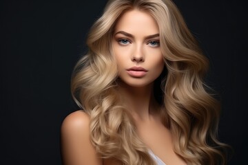 Fototapeta premium Portrait of beautiful young woman with long wavy blond hair, picture of beautiful blonde woman fashion model after salon hairdresser procedure, AI Generated
