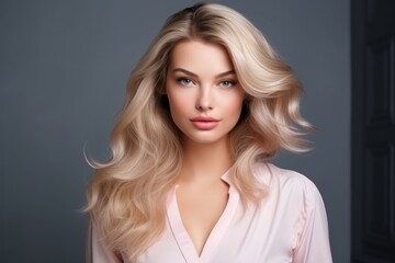 Fototapeta premium Portrait of a beautiful young woman with long blond hair. Perfect makeup, picture of beautiful blonde woman fashion model after salon hairdresser procedure, AI Generated