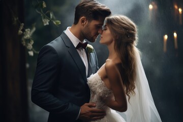 Wedding couple in love bride and groom posing in the rain, Beautiful couple, woman in wedding dress, man in suit, kissing, AI Generated