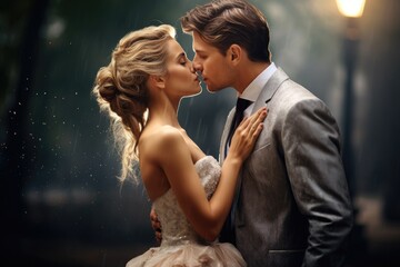 beautiful young couple in love embracing and looking at each other in room, Beautiful couple, woman in wedding dress, man in suit, kissing, AI Generated