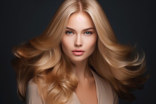 Portrait of a beautiful blond woman with long wavy hair, picture of beautiful blonde woman fashion model after salon hairdresser procedure, AI Generated