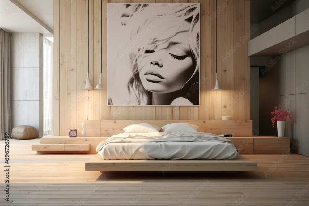 Wall mural Interior of modern bedroom with wooden walls, wooden floor and comfortable king size bed with white linen. 3d rendering, Bedroom Design Ideas, AI Generated