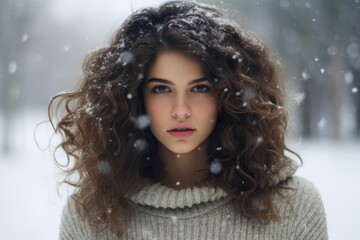 Winter portrait of young beautiful woman with curly hair in the winter park, Beautiful woman posing in the snow on a winter day, AI Generated - obrazy, fototapety, plakaty