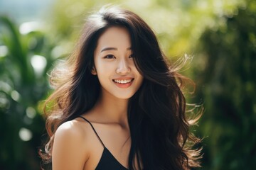 Portrait of a beautiful young asian woman with long black hair, beautiful young asian model woman smiling, AI Generated