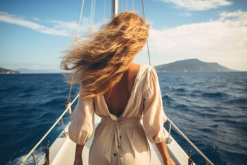Beautiful woman sailing on a luxury yacht in the Aegean Sea, beautiful young woman from the back, standing on a yacht in the Mediterranean Sea, AI Generated