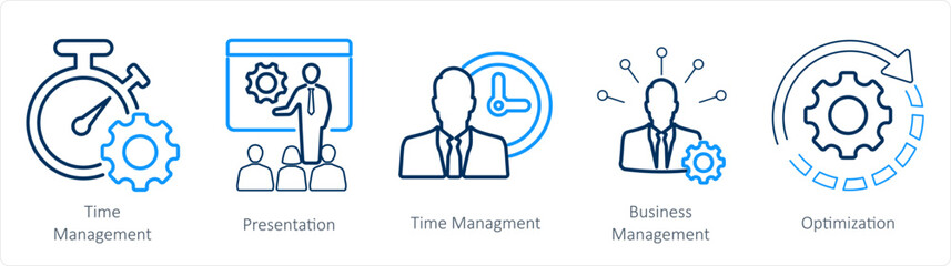 A set of 5 mix icons as time management, presentation, business management