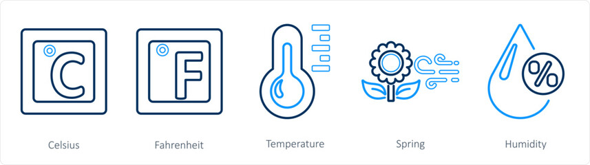 A set of 5 mix icons as celcius, fahrenheit, temperature - obrazy, fototapety, plakaty