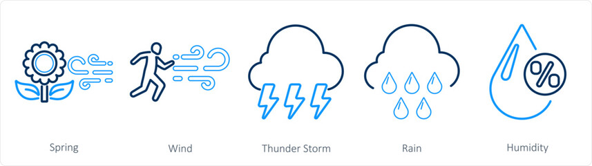 A set of 5 mix icons as spring, wind, thunderstorm
