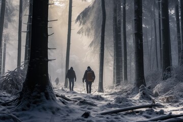 Two people walk in the winter forest with snow and fog in the background, Best agers enjoying a winter walk, snowy forest, AI Generated - obrazy, fototapety, plakaty