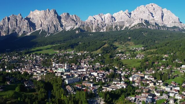 Aerial view above Cortina d'Ampezzo in the Dolomites Italy