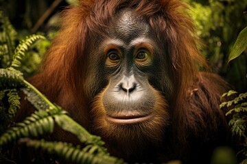 Orangutan in the rainforest of Borneo, Malaysia, An orangutan Pongo pygmaeus is observed in the rainforest of Sumatra, Indonesia, AI Generated