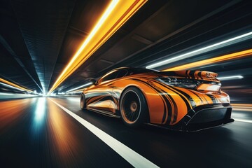 car on the road with motion blur background. 3d rendering and illustration, An underground tunnel...