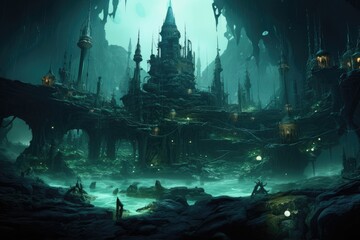 Fantasy landscape with ancient temple in the dark. 3d rendering, An underwater city where marine creatures and humans coexist, AI Generated