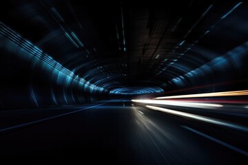 Car light trails in a tunnel. Concept of speed and motion, An underground tunnel with moving cars at night, viewed from below, AI Generated