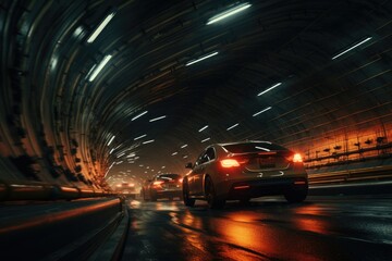 car on the road in tunnel with motion blur background,illustration, An underground tunnel with...
