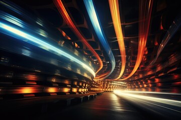 Night traffic light trails in tunnel. Concept of speed and motion, An underground tunnel with moving cars at night, viewed from below, AI Generated - obrazy, fototapety, plakaty