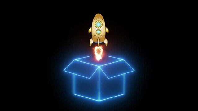 Animation rocket taking off from neon blue box. Concept for generative ai, start up and successful concept. Able use graphic isolated on transparent background.