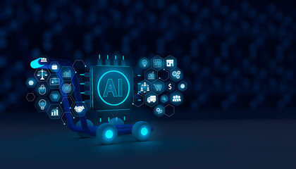 Marketing concept with the use of artificial intelligence, AI business development system. Shopping cart with AI chip and marketing icons. Shopping cart with depth of field and space for text.