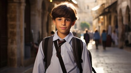 Fototapeta premium A young boy wearing a school uniform stands in the middle of a street. Generative AI.