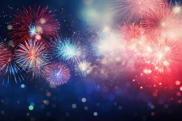 Fototapeta na wymiar Colorful fireworks with bokeh effect on dark blue sky background, Beautiful firework display for celebration with blurred bokeh light, AI Generated