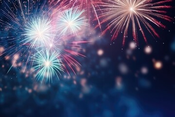 Colorful fireworks with bokeh effect on dark blue sky background, Beautiful firework display for celebration with blurred bokeh light, AI Generated