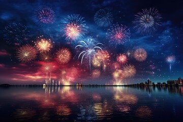 Fototapeta premium Colorful fireworks with reflection on water, happy new year celebration background, Beautiful fireworks display for celebration night, AI Generated