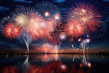 Colorful fireworks of various colors over lake Garda Italy, Beautiful fireworks display for celebration night, AI Generated