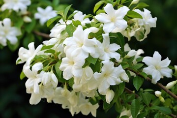 White jasmine flowers blooming in the garden, closeup, Beautiful jasmine white flowers, AI Generated