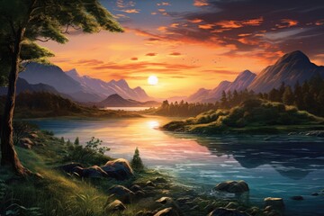 Fantasy landscape with lake and mountains in the background. Digital painting, Beautiful lake landscape with green trees, mountains, and a sunset, AI Generated - Powered by Adobe
