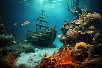 Beautiful underwater world with colorful corals and a pirate ship, Beautiful underwater world with an old shipwreck, coral, and fish, AI Generated