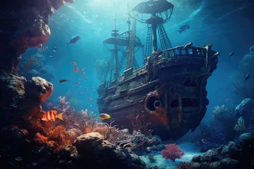 Zelfklevend Fotobehang Beautiful underwater world with a pirate ship. Underwater world, Beautiful underwater world with an old shipwreck, coral, and fish, AI Generated © Iftikhar alam