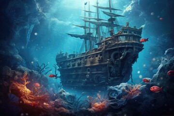 Pirate ship in the sea. Underwater world. 3D rendering, Beautiful underwater world with an old shipwreck, coral, and fish, AI Generated