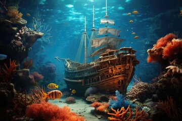 Underwater world with old sunken pirate ship and coral reef, Beautiful underwater world with an old shipwreck, coral, and fish, AI Generated