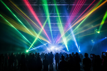 Fototapeta na wymiar Laser beams are colorfully produced at a concert. The audience gets excited and cheers. Light for events and stages.