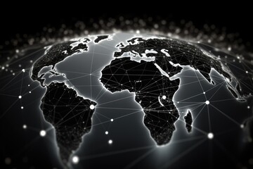 Global network connection over dark background. 3d rendering toned image double exposure, Black and white global network connection on a curved world map hologram, AI Generated