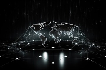 Global network connection concept on dark background. 3d rendering toned image, Black and white global network connection on a curved world map hologram, AI Generated