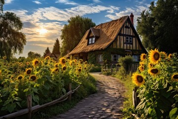 Sunflowers in front of a half-timbered house, A charming, rustic countryside with thatched cottage and rows of sunflowers, AI Generated - obrazy, fototapety, plakaty