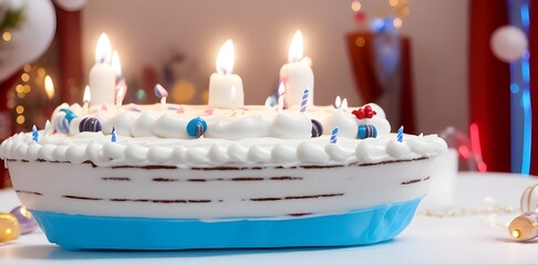 yatch design Birthday cake with candles on it, celebration decorative lights, with copy space,...