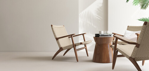 Mid century design rattan chair, wooden coffee table in living room in sunlight, tropical palm tree...