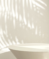 Modern cream podium table in sunlight, palm tree leaf shadow on white wall for luxury organic...