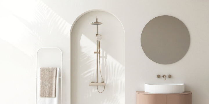 Minimal bathroom design with chrome shower rail, rain shower in wall arch, white wash basin on cabinet with vanity mirror, towel rack ladder. Luxury interior design decoration, product background 3D - Powered by Adobe